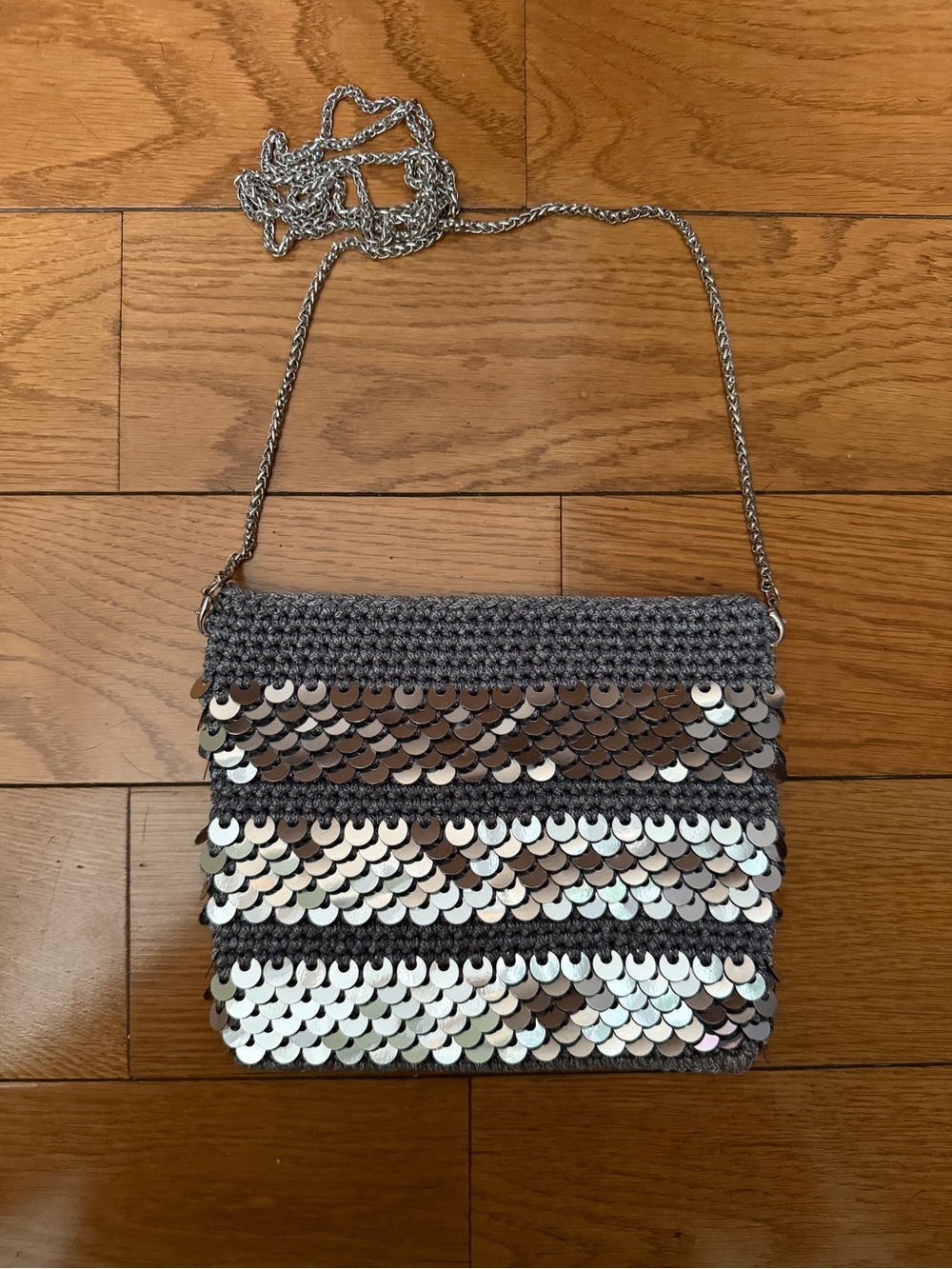 Handmade Gray Sequin Crochet Crossbody Bag with Chain Strap